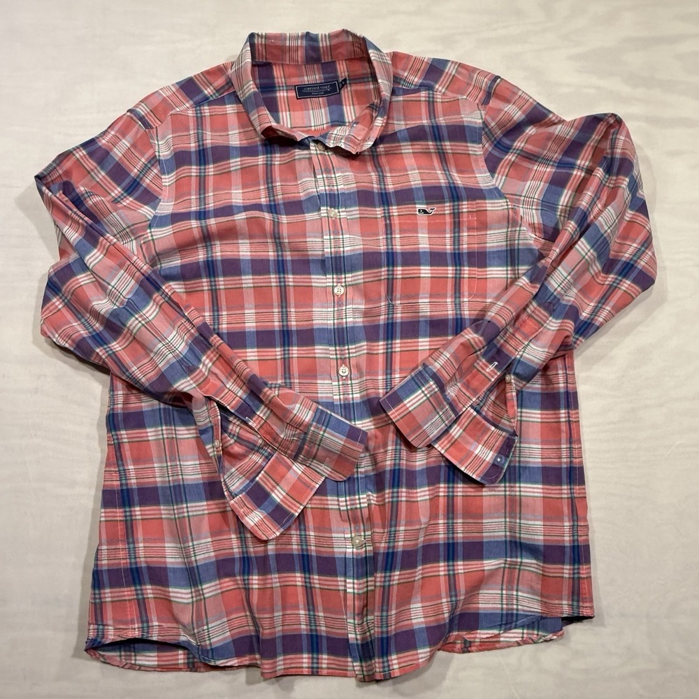 Vineyard Vines Slim Fit Whale Shirt Men's Large LS Blue Pink Plaid Easter Preppy